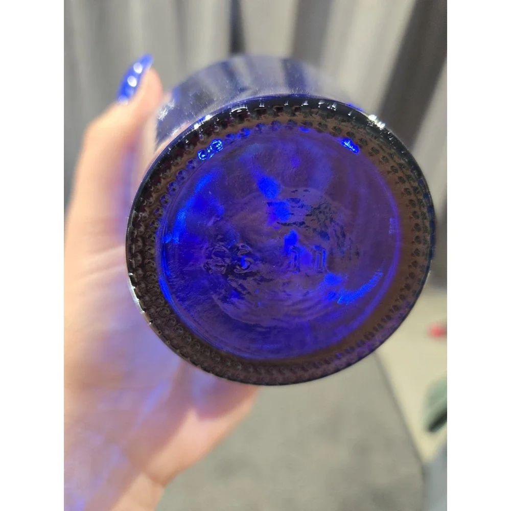Vintage Cobalt Blue Glass Double Handle Vase Bottle Ribbed Small 7